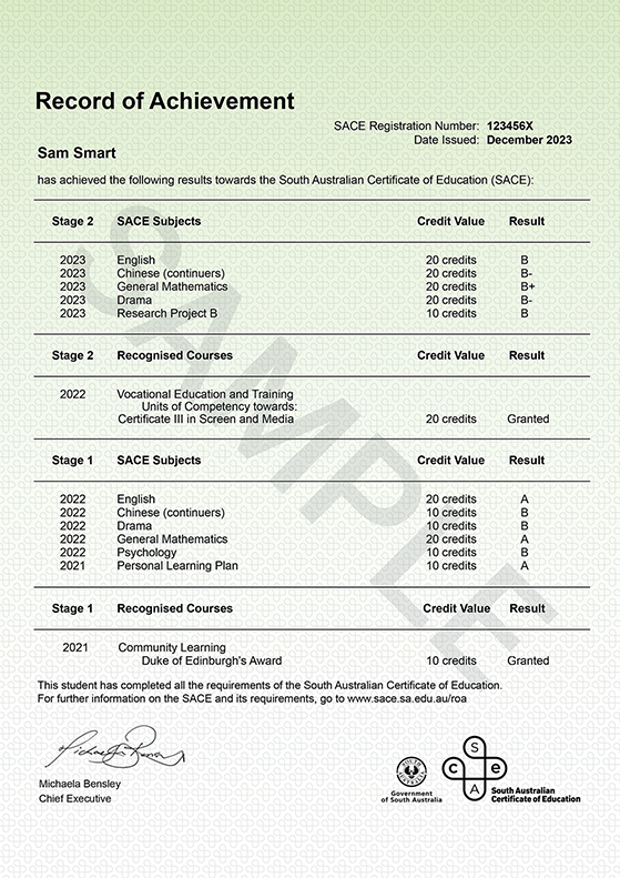 End Of Year Results South Australian Certificate Of Education