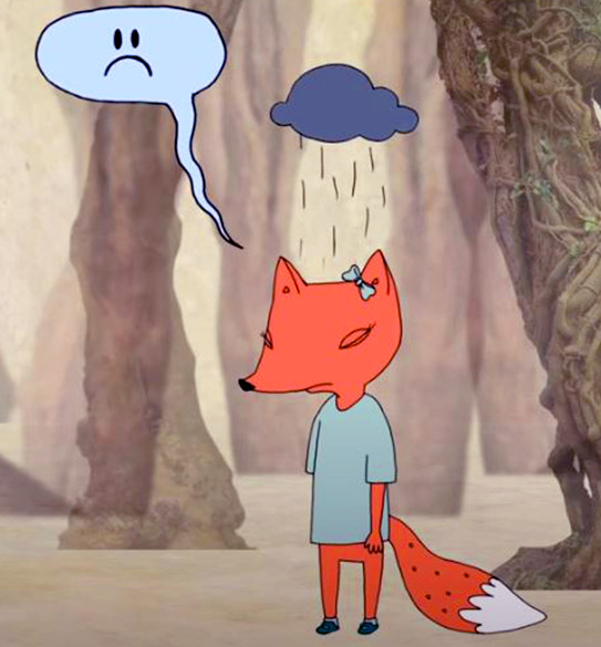 Cartoon image of a sad fox with a rain cloud over her head and a thought bubble with a sad face emoji inside.